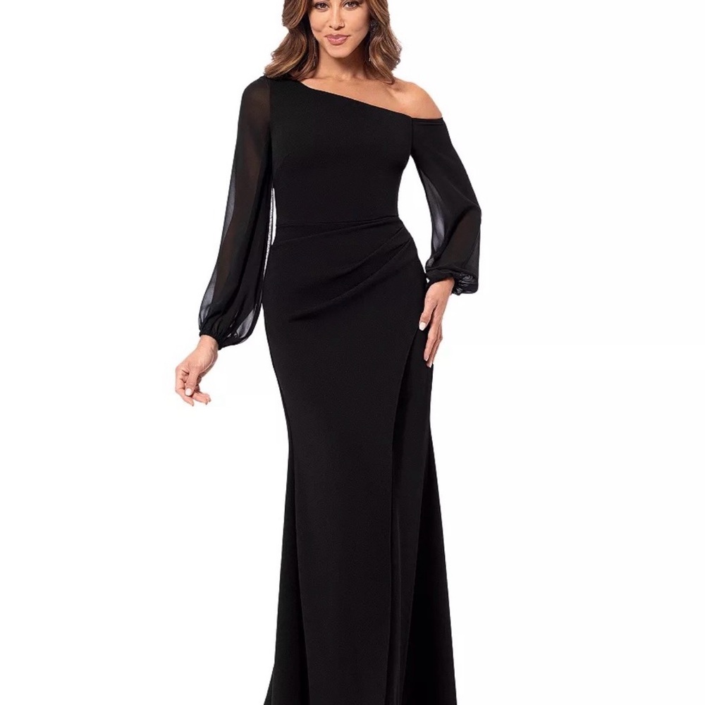 Betsy & Adam Black One-Shoulder Gown
